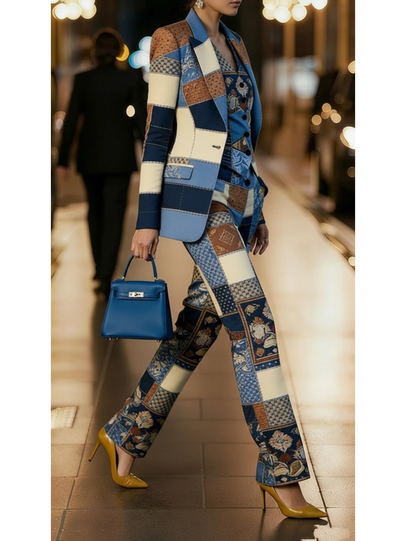 Patchwork Printed Lapel Blazer Vest & Wide Leg Pants