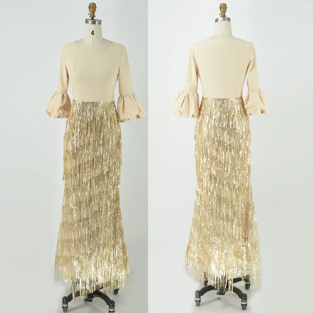 Gold Lantern Sleeve Tassel Accented Evening Dress