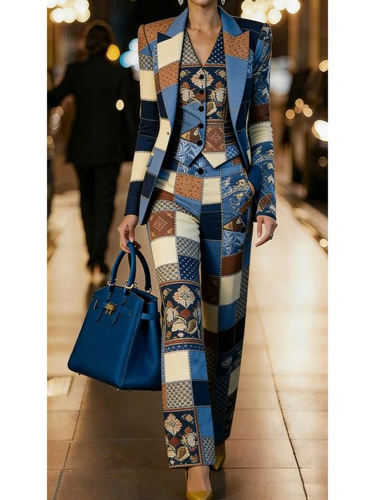 Patchwork Printed Lapel Blazer Vest & Wide Leg Pants