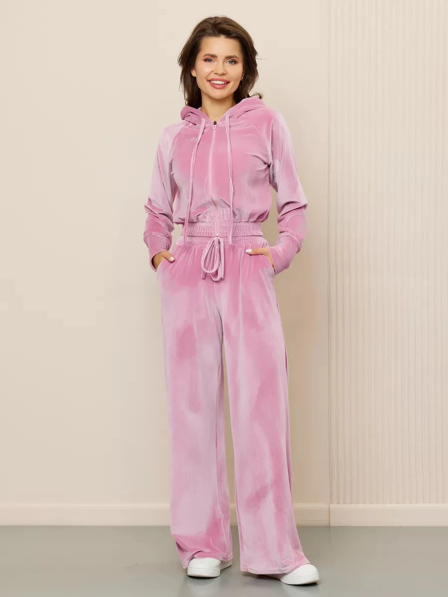 Velvet Hooded Zipper Jacket & Wide-Leg Pants Set – Luxe Two-Piece Loungewear Outfit