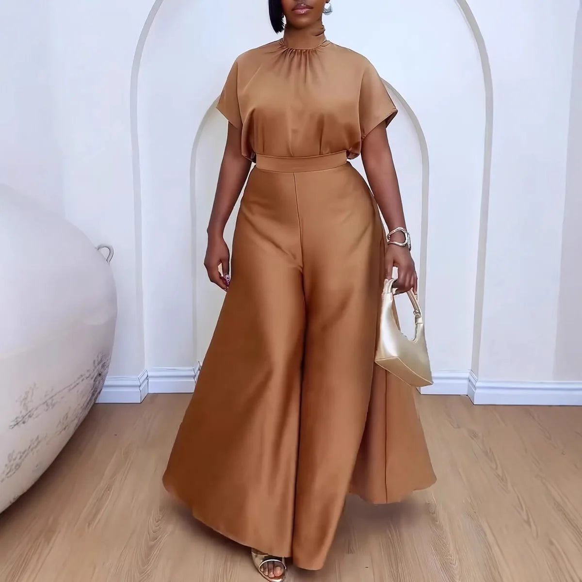 Satin Scarf Wrapped Collar Shirt & Wide Leg Pant Set