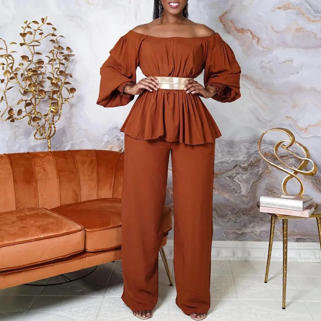 Off Shoulder Balloon Sleeve Top and Wide Leg Trouser Set - Toshe Women's Fashions