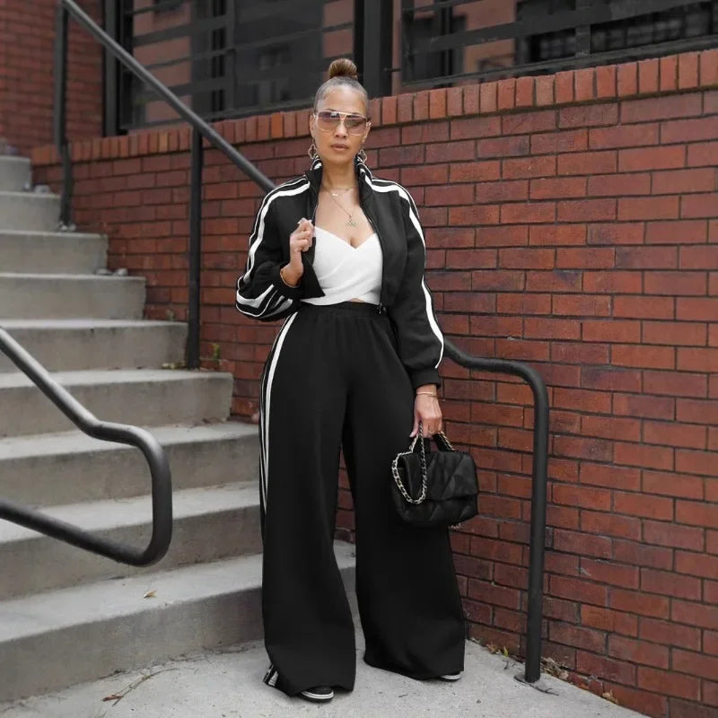 Side Striped Zipper Jacket Top and Wide Leg Joggers Set