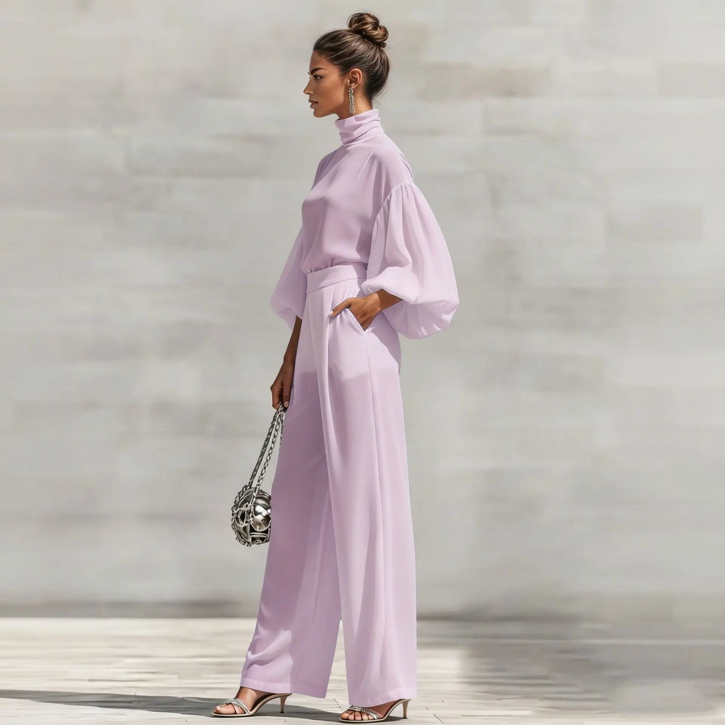 Chiffon High-Neck Lantern Sleeves & Wide Leg Pants Set