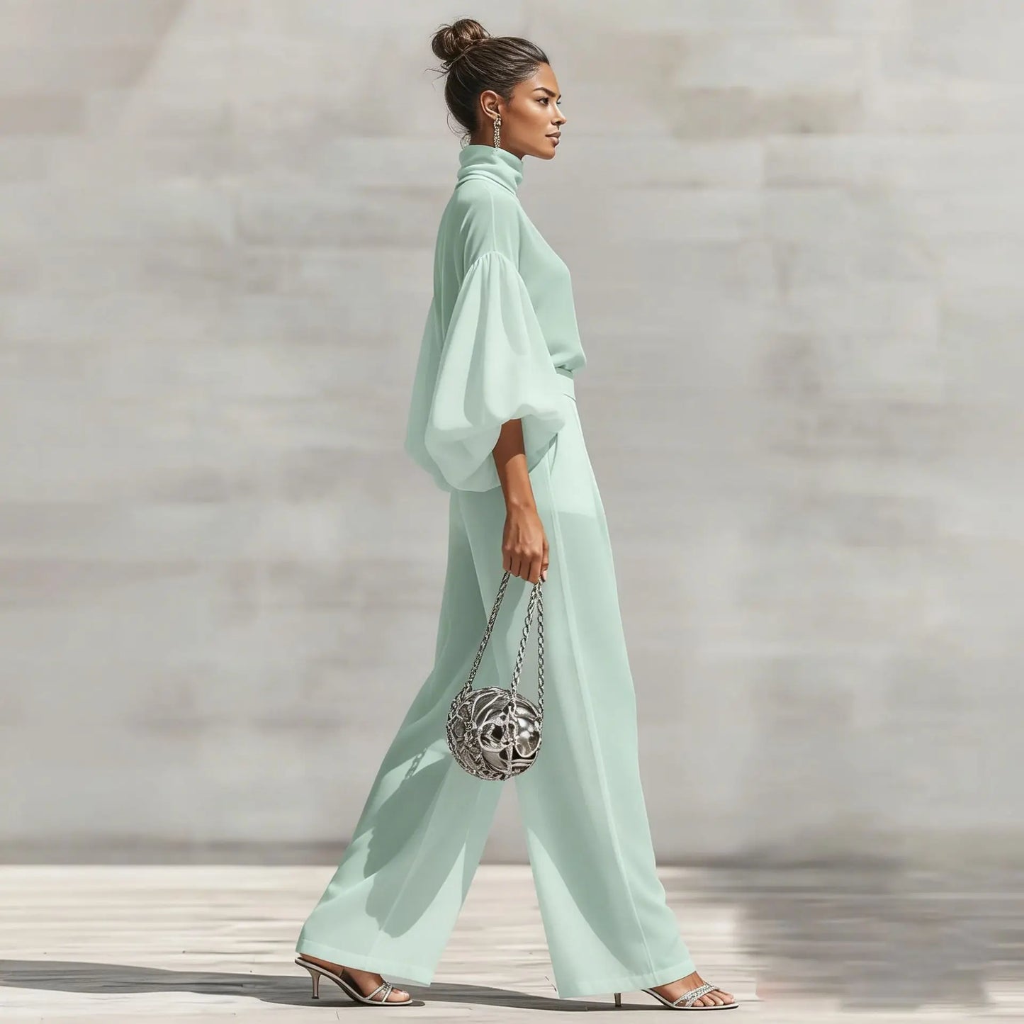 Chiffon High-Neck Lantern Sleeves & Wide Leg Pants Set