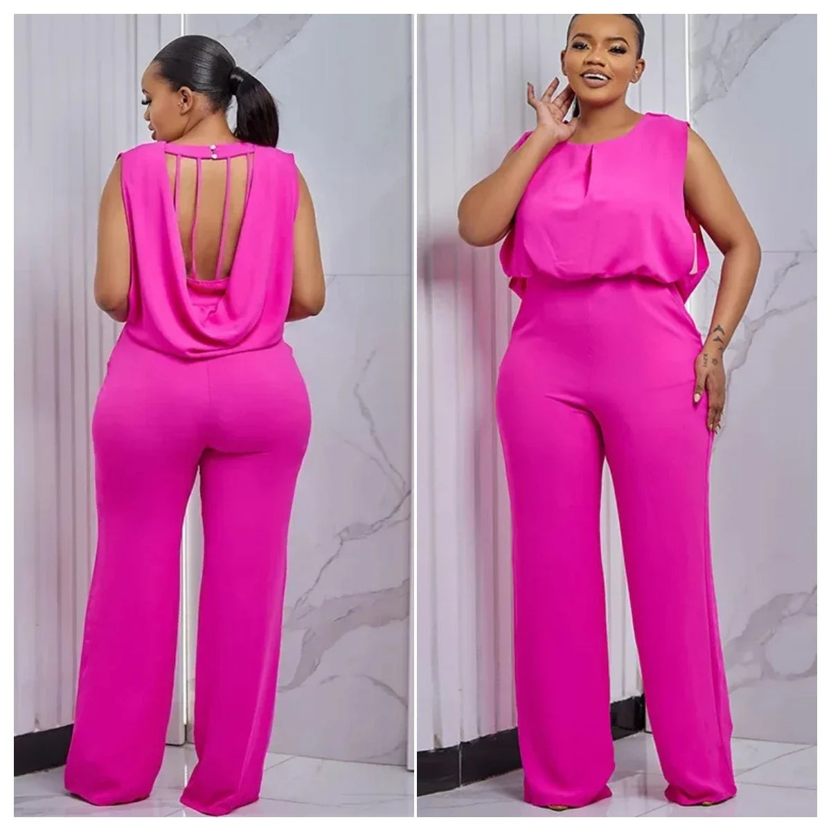 Pink Sleeveless Open Back Blouse and Wide Leg Pants - Toshe Women's Fashions