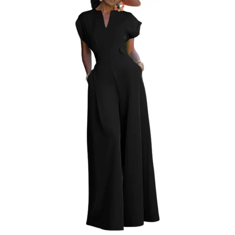 V-Neck Cap Sleeve Waist Accented Wide Leg Jumpsuit Ali Express