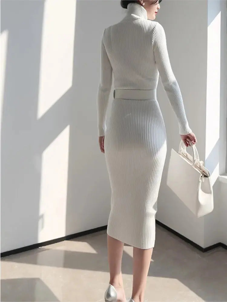 Knitted Turtleneck Sweater Bodycon Dress with Belt Ali Express