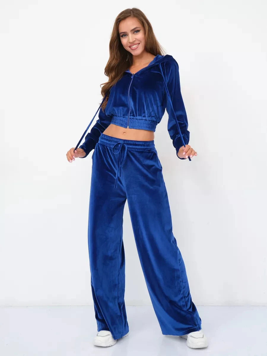 Velvet Hooded Zipper Jacket & Wide-Leg Pants Set – Luxe Two-Piece Loungewear Outfit