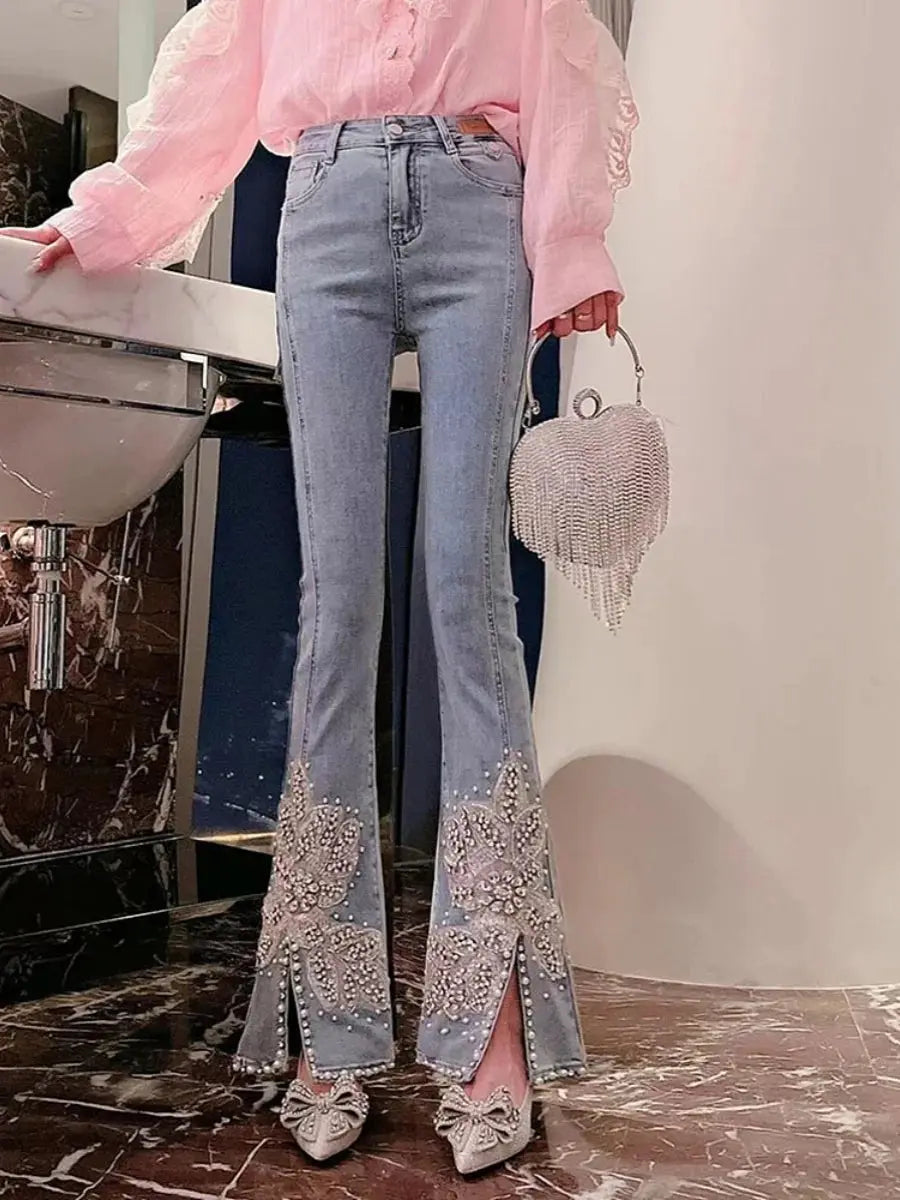 Floral Embroidery Diamonds Beaded Jeans High Waisted Slim Slightly Flared Slit Pearls Beaded Denim Pants aliexpress