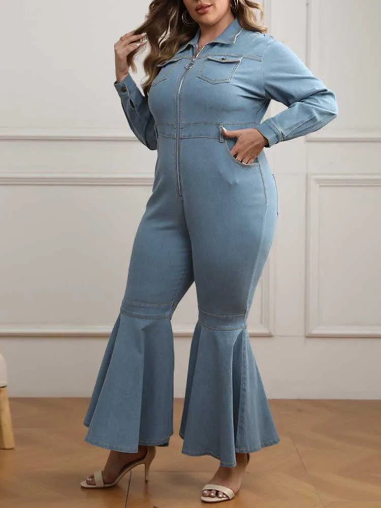 Denim Flare Stretchy with Zipper Jumpsuit