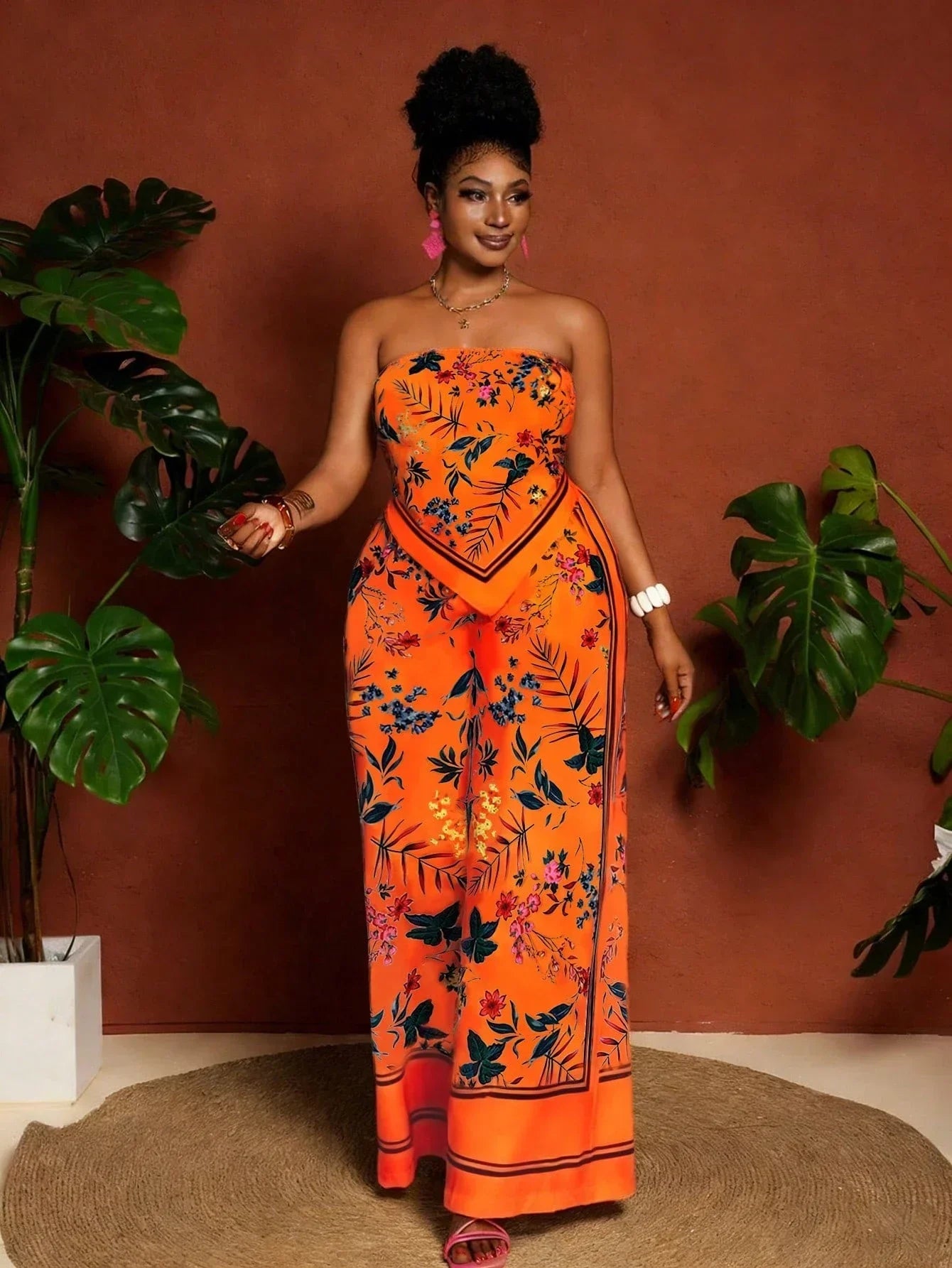 Floral Bandeau Top & Wide Leg Pants Set