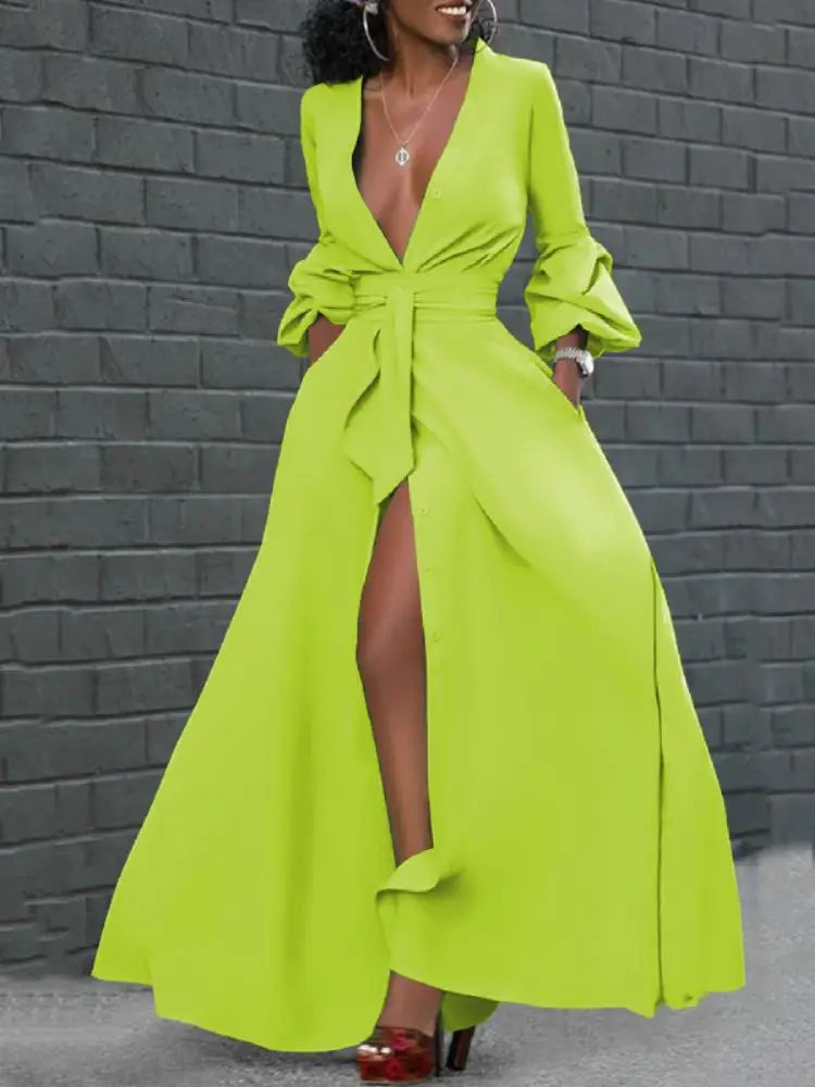 Deep V-Neck Puff Sleeve Buttoned Dress