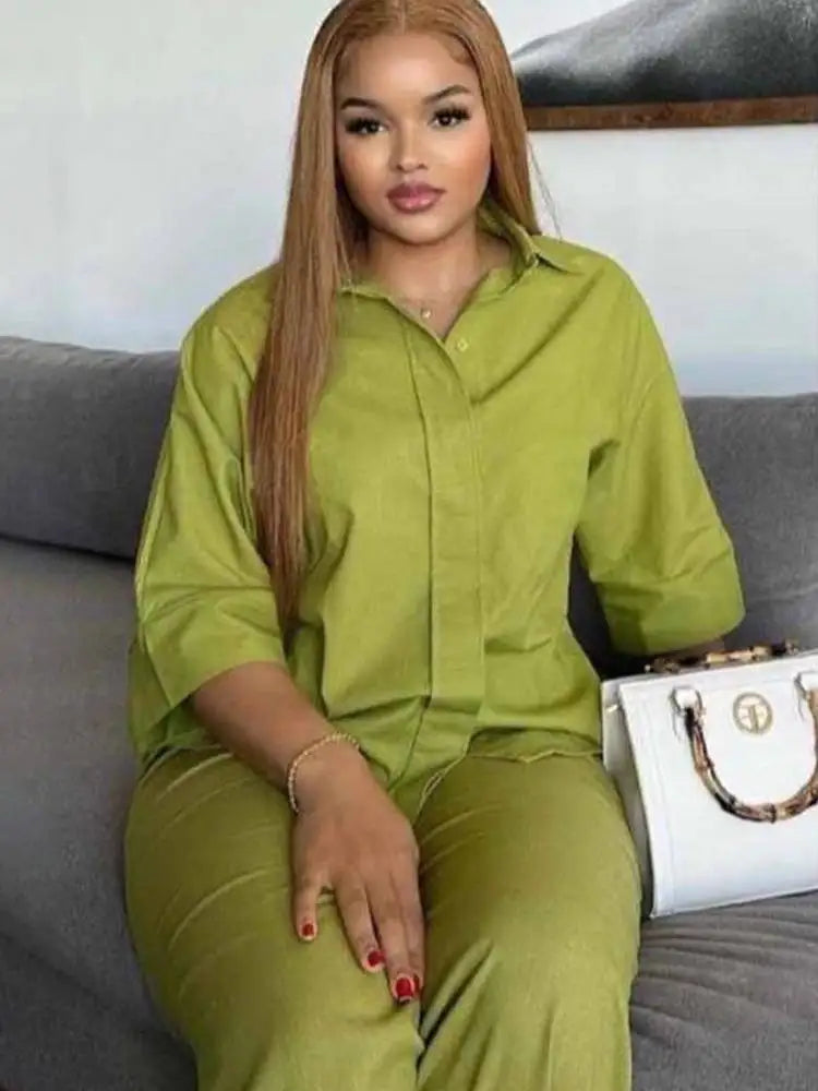 Linen Collared Single-Breasted Shirt & Pocketed Wide Leg Pant Set