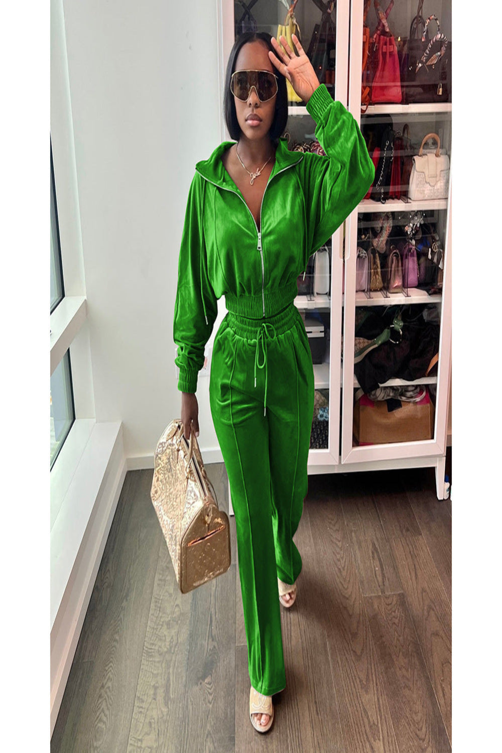 Zipper Front Crop Jacket and Straight Leg Tracksuit