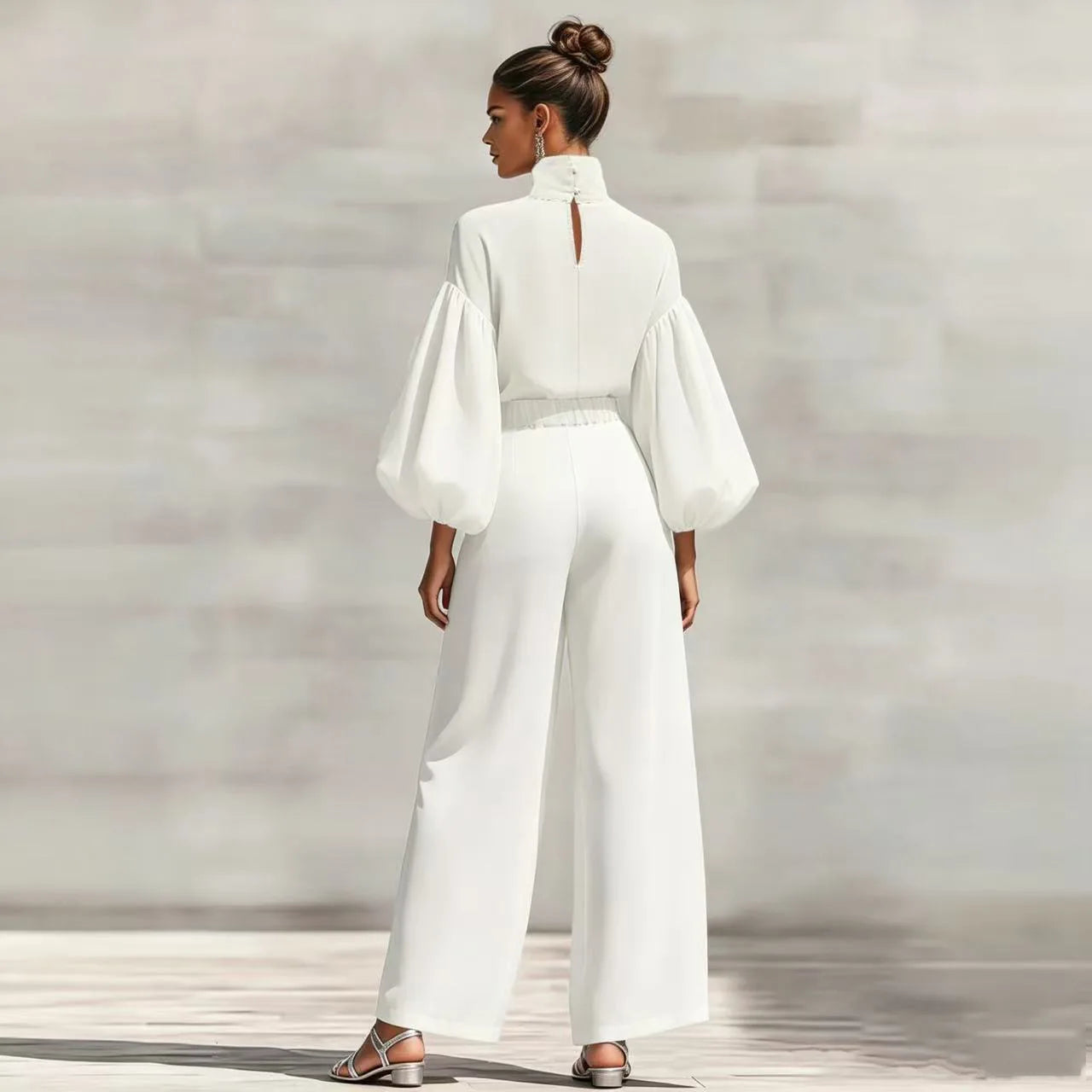 Chiffon High-Neck Lantern Sleeves & Wide Leg Pants Set