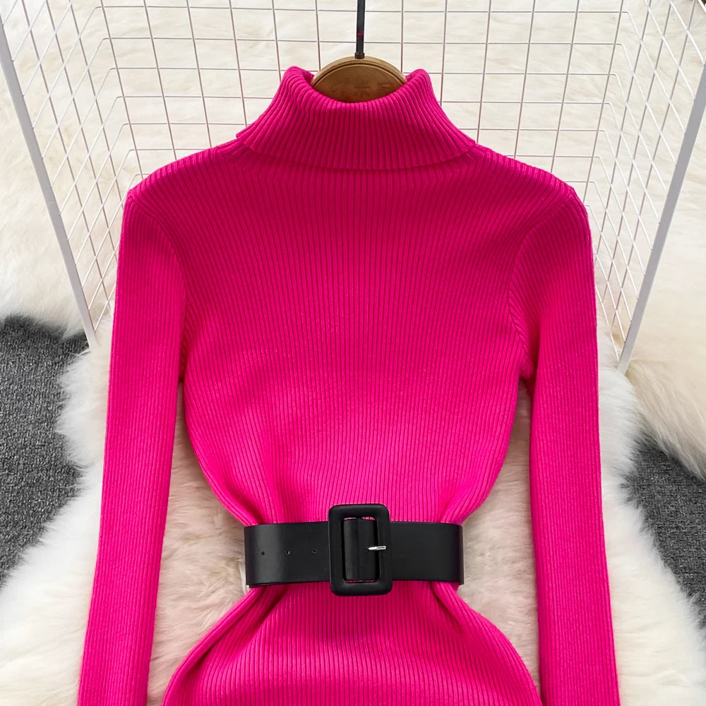 Knitted Turtleneck Sweater Bodycon Dress with Belt