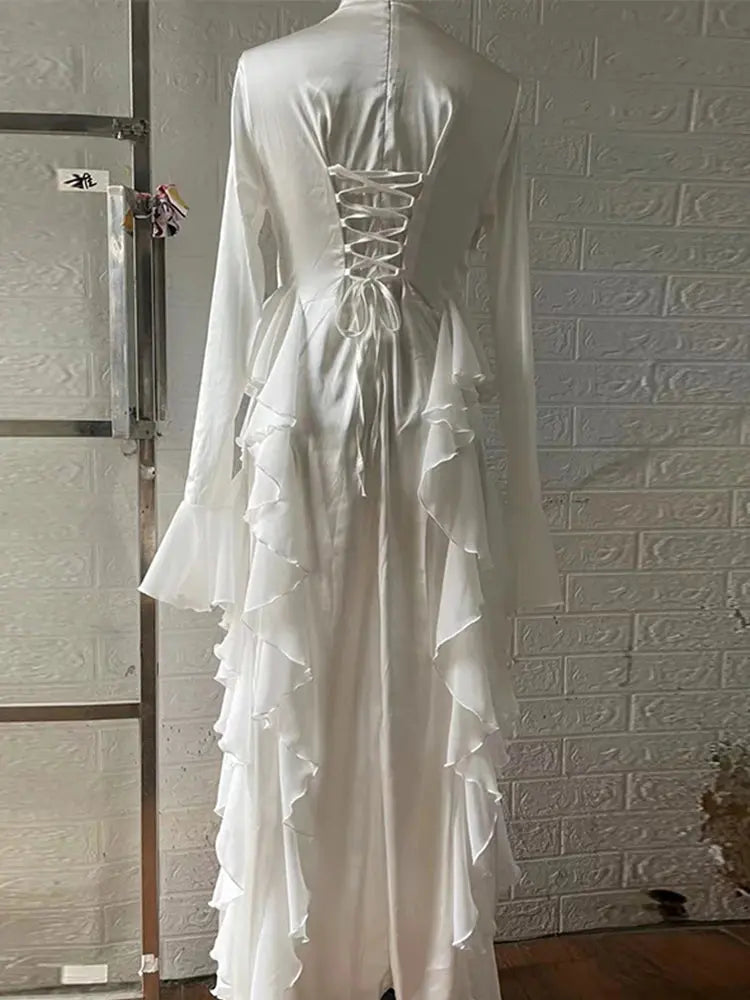 High Collar Flare Sleeve Long Dress Ruffles Sexy White Long Sleeves Lace-up Slim Dresses aliexpress