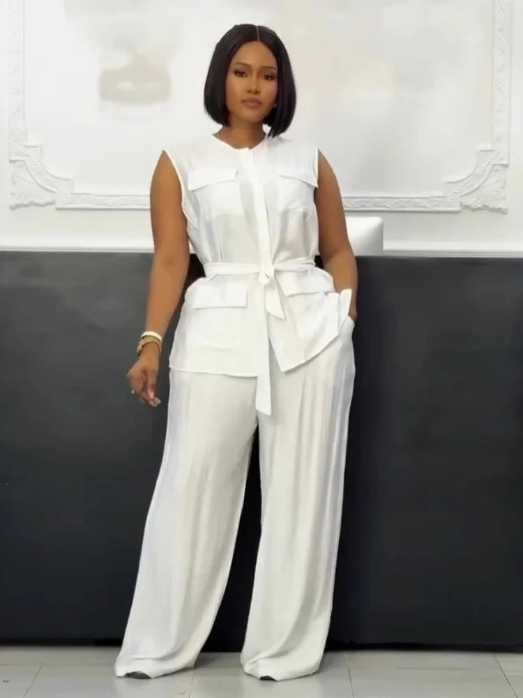 Pocket Detail Sleeveless Cardigan Vest & Wide Leg Pant Set