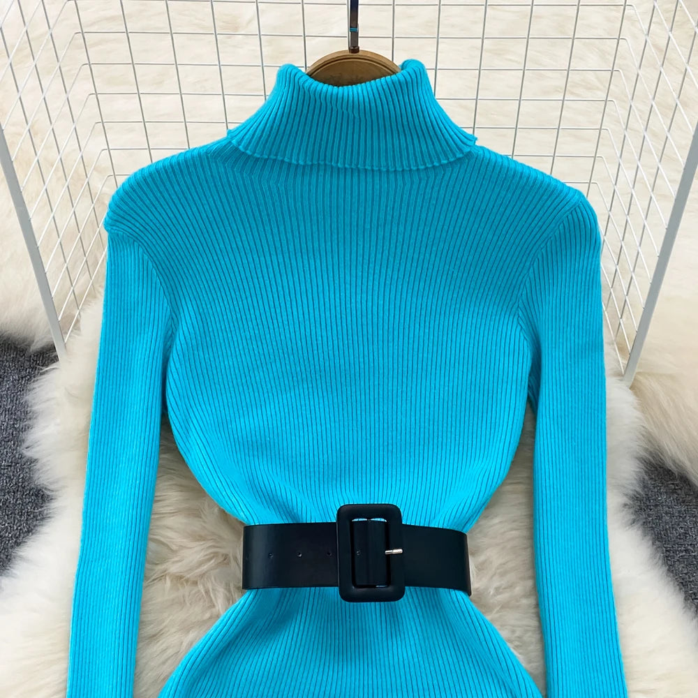 Knitted Turtleneck Sweater Bodycon Dress with Belt