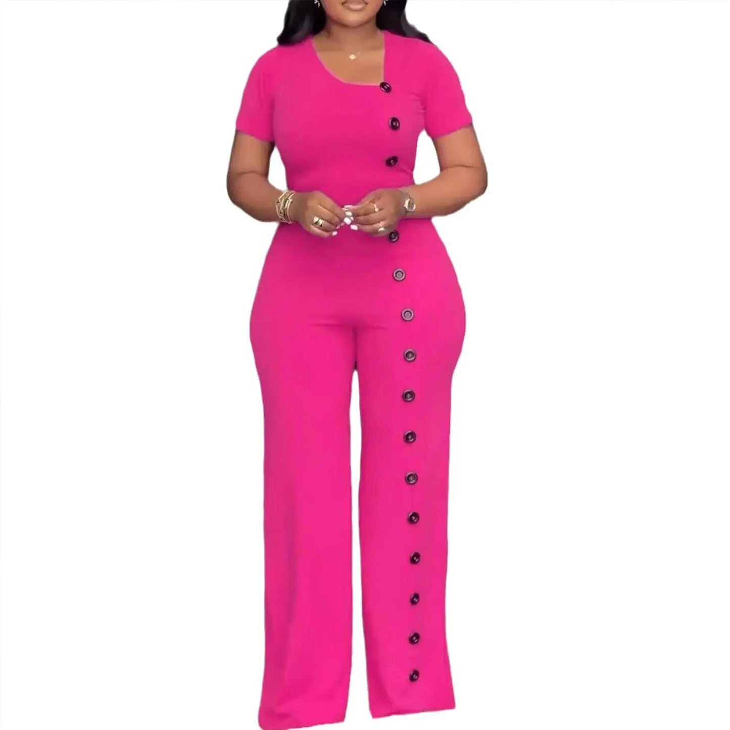 Irregular Collar Buttoned Front Wide Leg Jumpsuit Toshe Women's Fashions