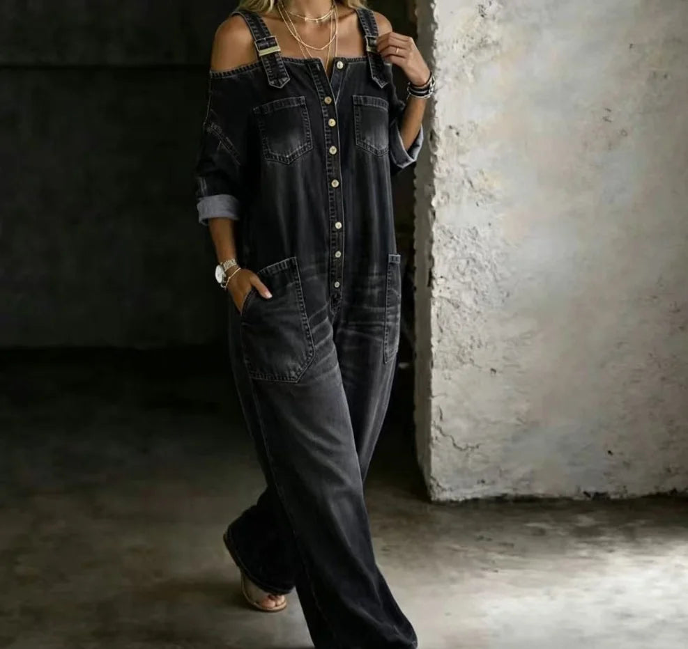 Off Shoulder Denim Wide Leg Jumpsuit w/Pockets