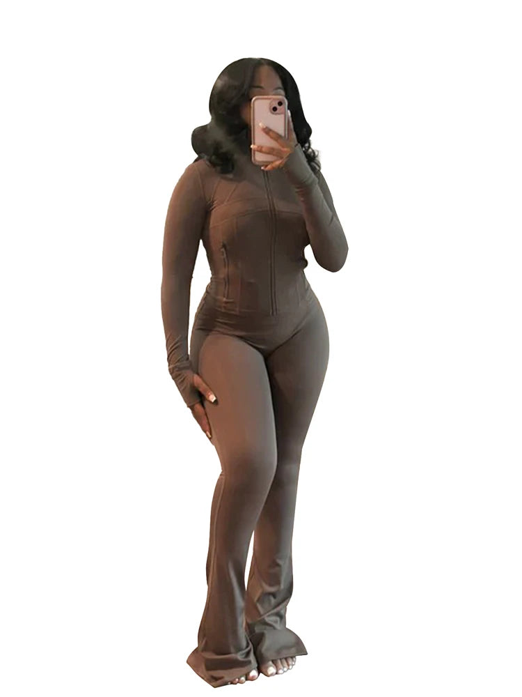 Mock Neck Zipper Fitted Top & Flared Pants Set – Sleek 2-Piece Athletic Lounge Outfit
