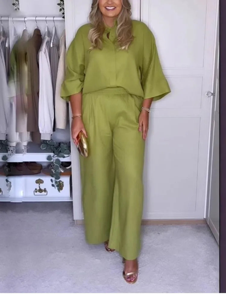 Linen Collared Single-Breasted Shirt & Pocketed Wide Leg Pant Set