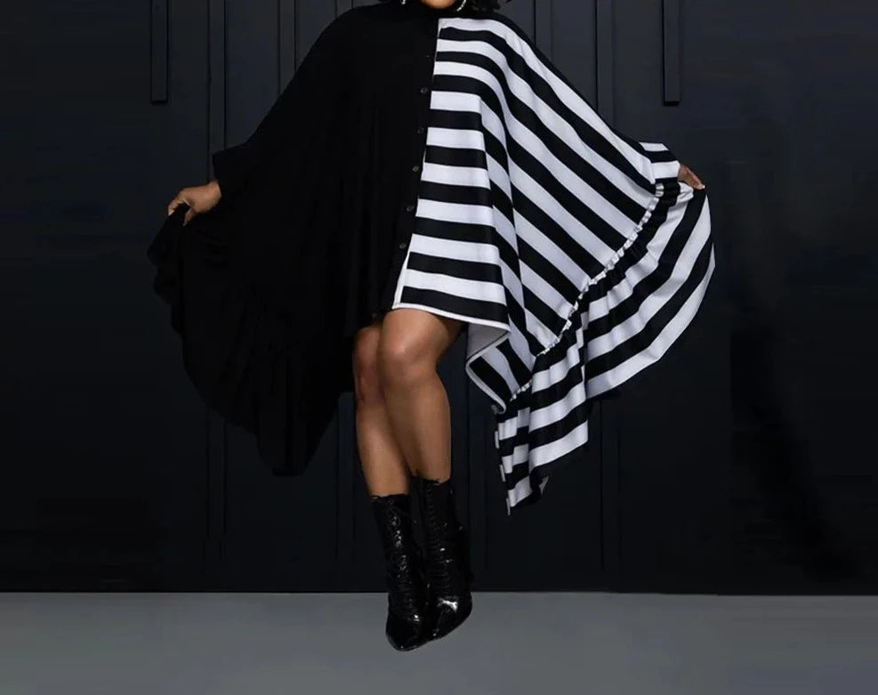 Striped Ruffles Hem Batwing Shirt Dress - Toshe Women's Fashions