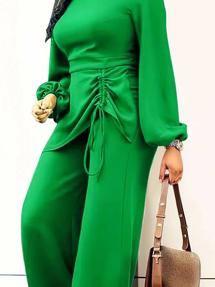Front Side Tie Lantern Sleeve Top and Wide Leg Pants Set