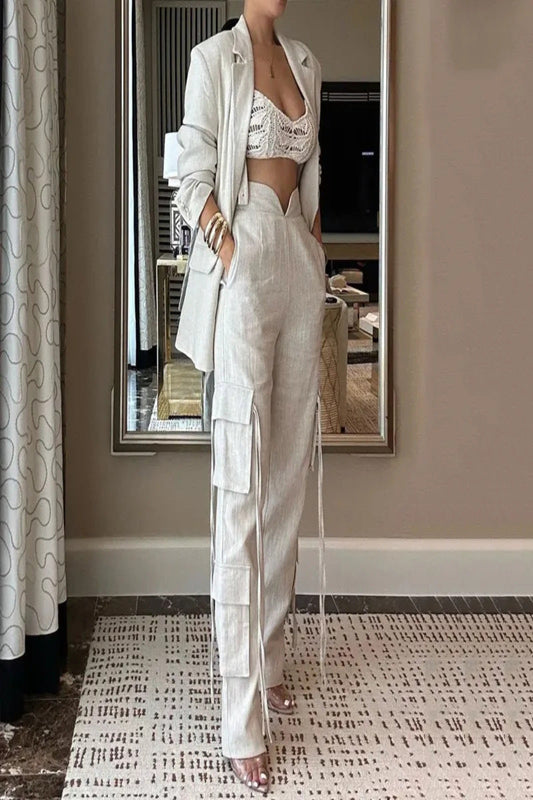 Oversized Long Sleeve Linen Blazer Suit and Wide Leg Cargo Pants Set