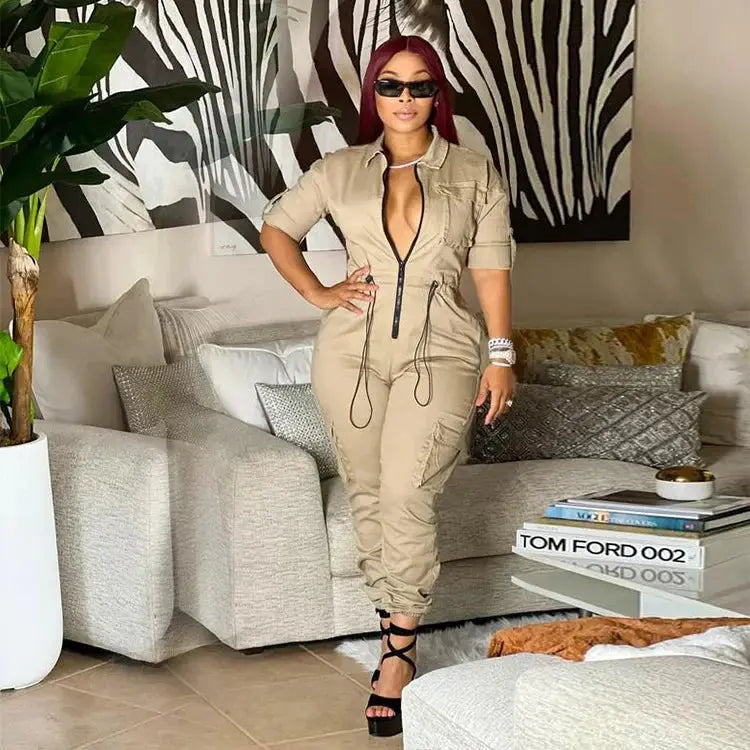 Tight Waist Jumpsuits Women Work Overalls Casual Half Sleeve One Piece Pocket Long Cargo Pants Rompers Long aliexpress