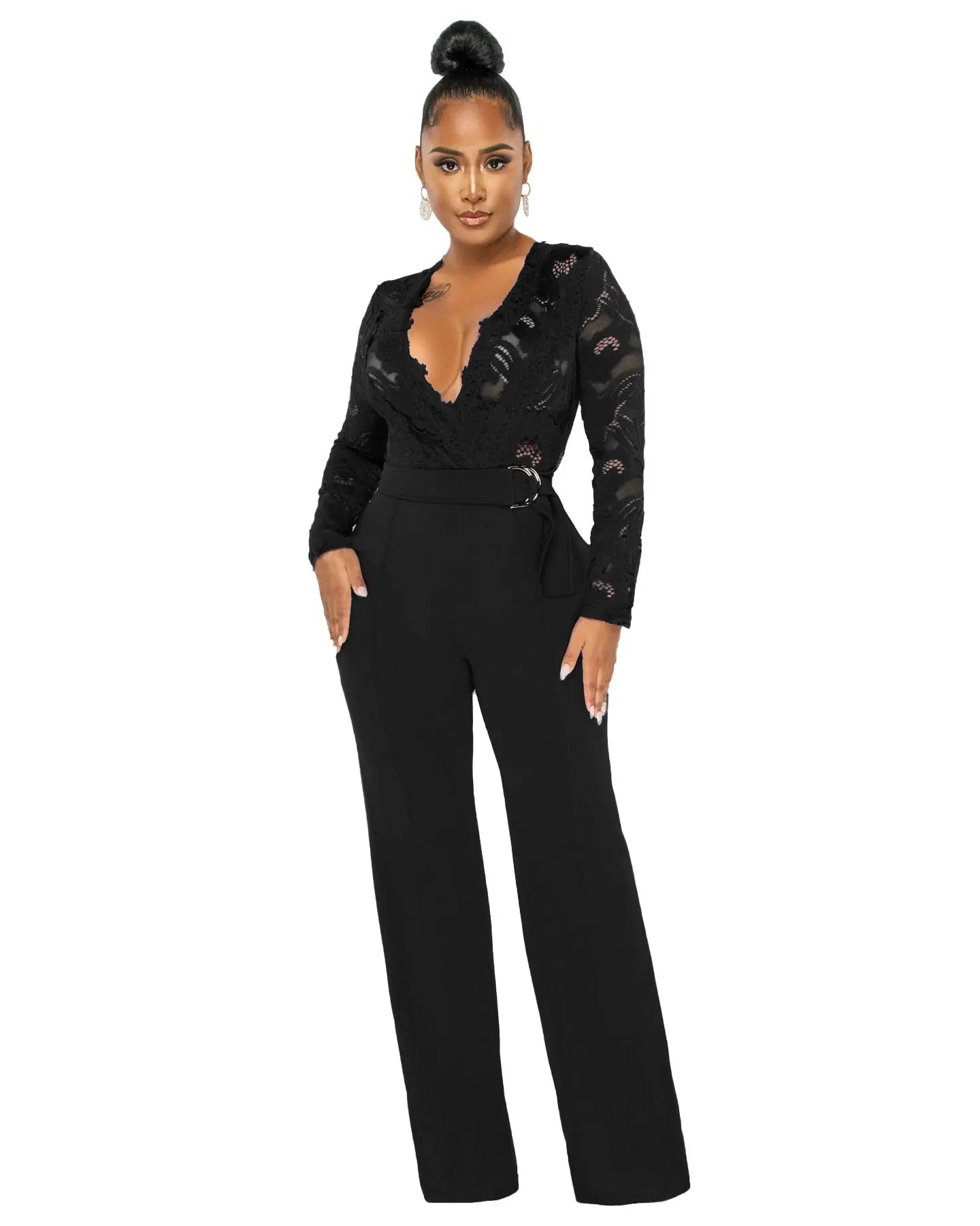 Deep V-Neck Lace Flower Slim Fit Jumpsuit - Toshe Women's Fashions