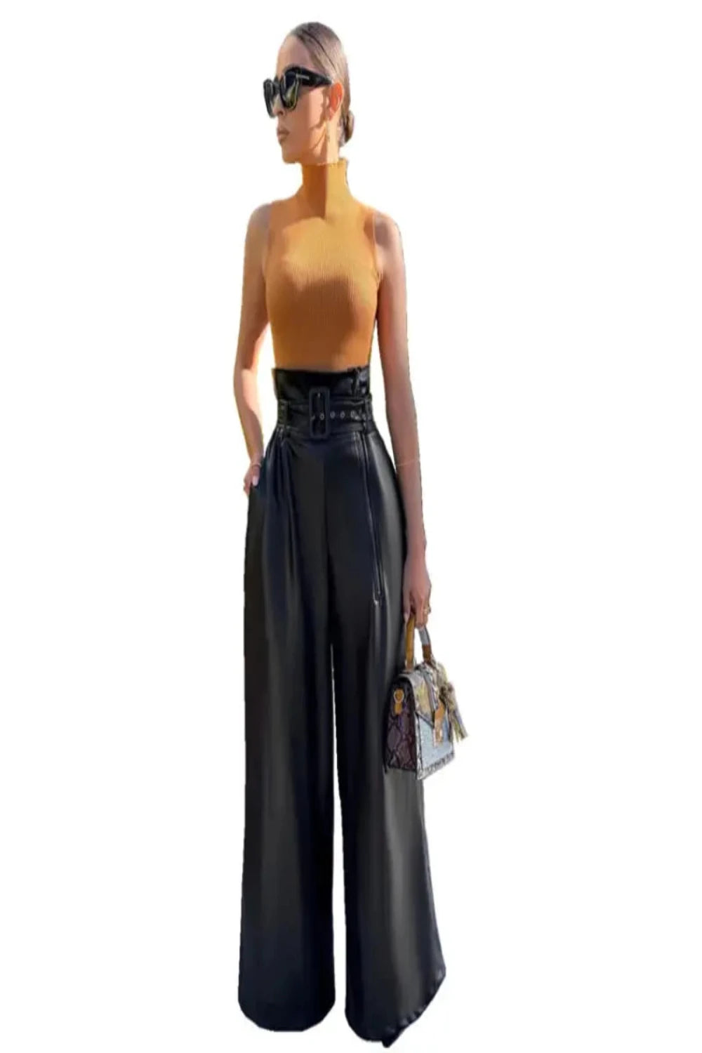 Black High Waist Faux Leather Wide Leg Pants Toshe Women's Fashions