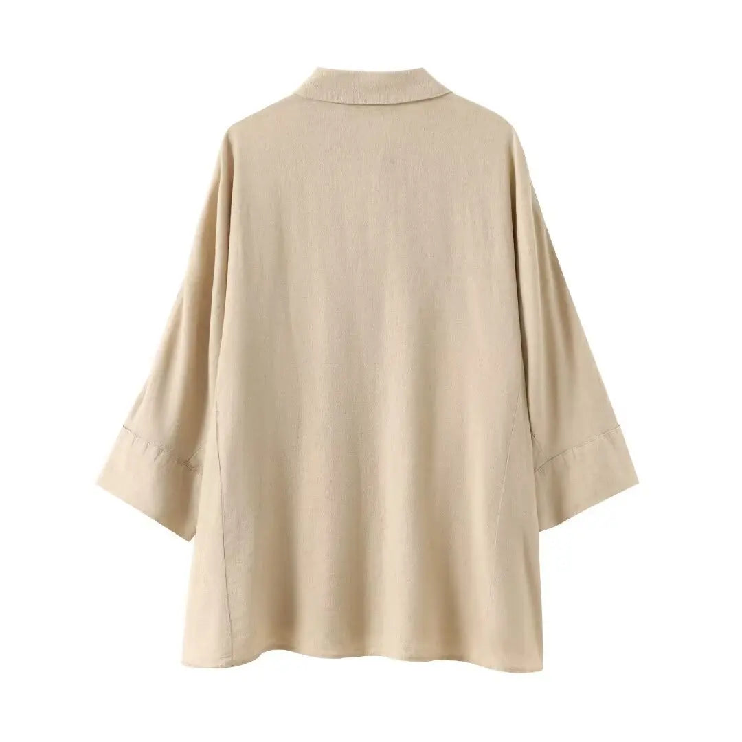 Linen Collared Single-Breasted Shirt & Pocketed Wide Leg Pant Set