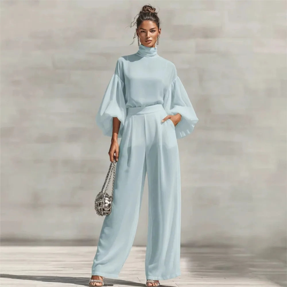 Chiffon High-Neck Lantern Sleeves & Wide Leg Pants Set