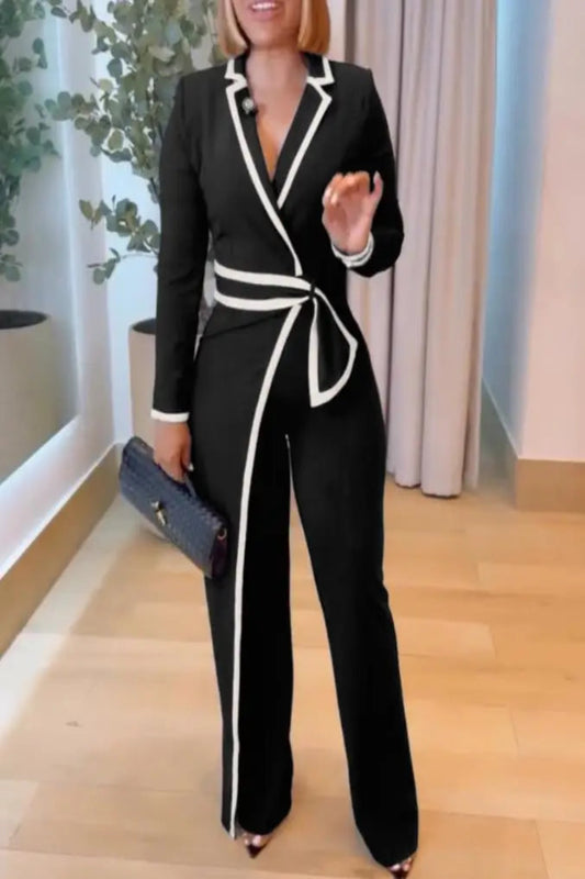Black Collared White Piping Belted Jumpsuit