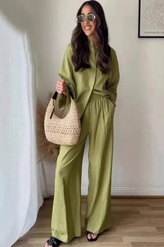 Linen Collared Single-Breasted Shirt & Pocketed Wide Leg Pant Set
