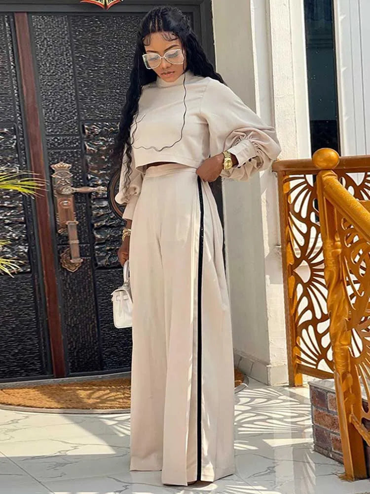 Beige Crop Top & High-Waist Wide-Leg Pants Set – Two-Piece Tailored Suit for Women