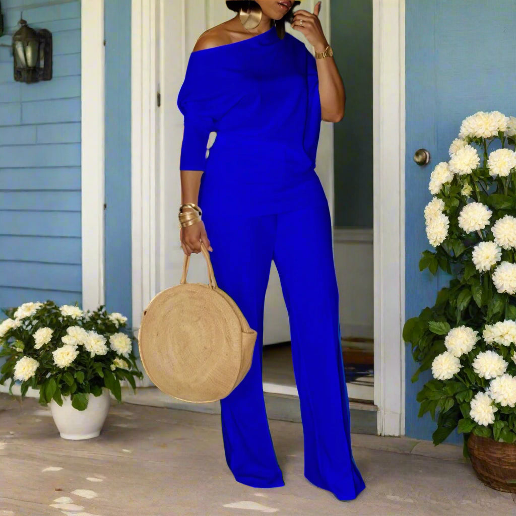 Skew Collar Shirt & Fitted Wide Bottom Pant Suit