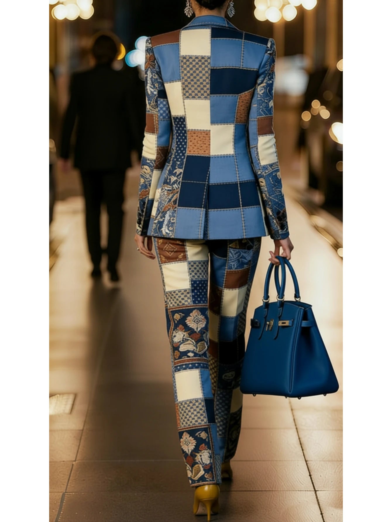 Patchwork Printed Lapel Blazer Vest & Wide Leg Pants