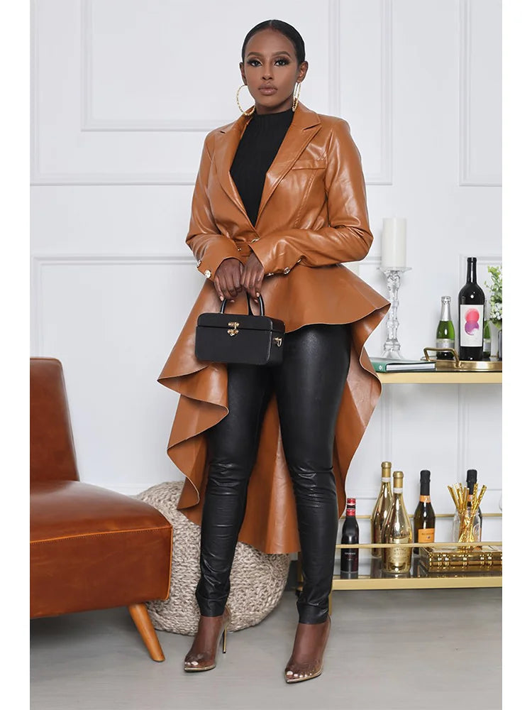 Brown Faux Leather Asymmetrical Long Ruffle Trench Jacket - Toshe Women's Fashions