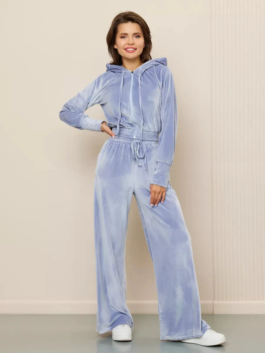 Velvet Hooded Zipper Jacket & Wide-Leg Pants Set – Luxe Two-Piece Loungewear Outfit