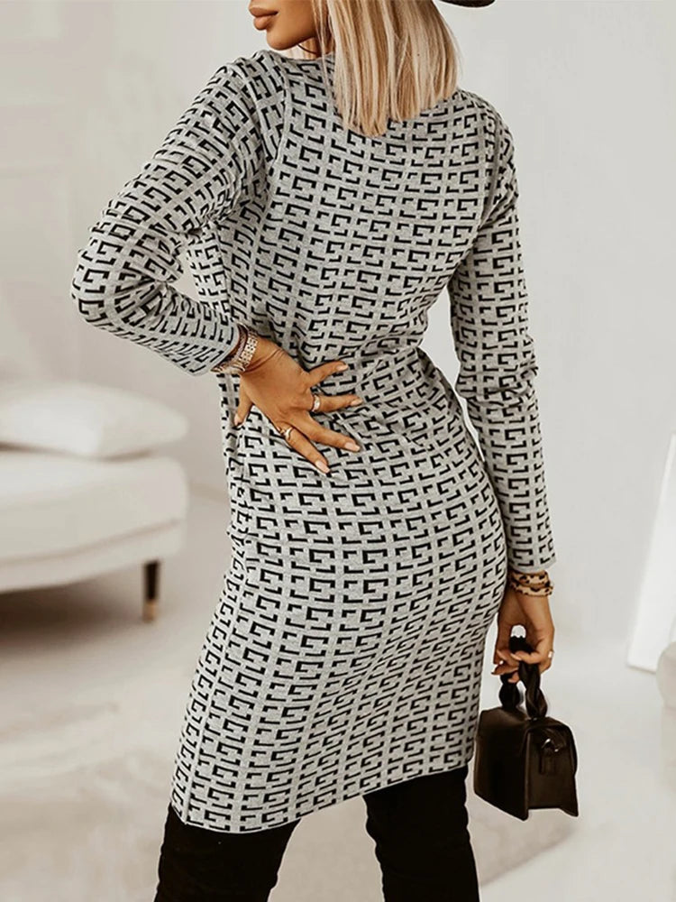 Geometric Print Button Front Knit Dress - Toshe Women's Fashions