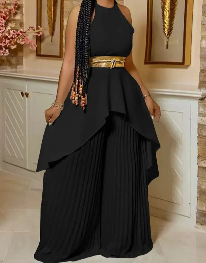 Sleeveless Asymmetrical Top with Pleated Wide Leg Pants Set - Toshe Women's Fashions