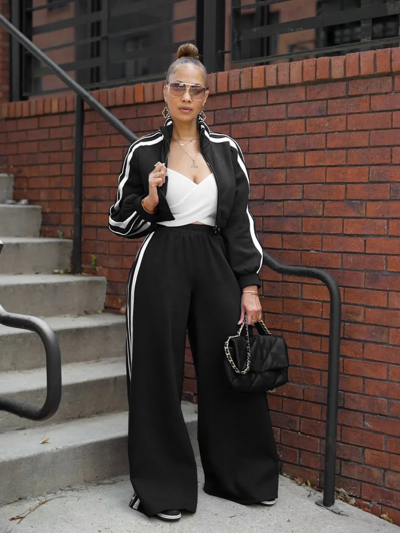 Striped Cropped Sweatshirt & Straight Pants Set