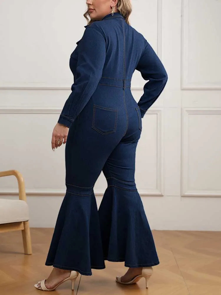 Denim Flare Stretchy with Zipper Jumpsuit