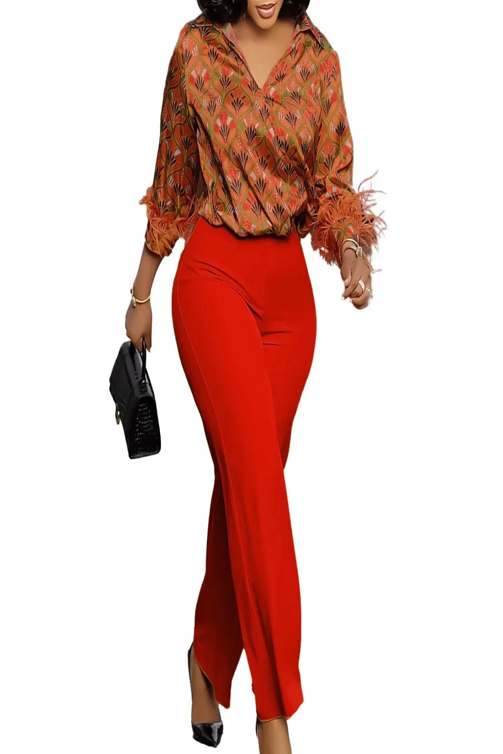 Satin Printed Blouse and Wide Leg Pants Set Toshe Women's Fashions