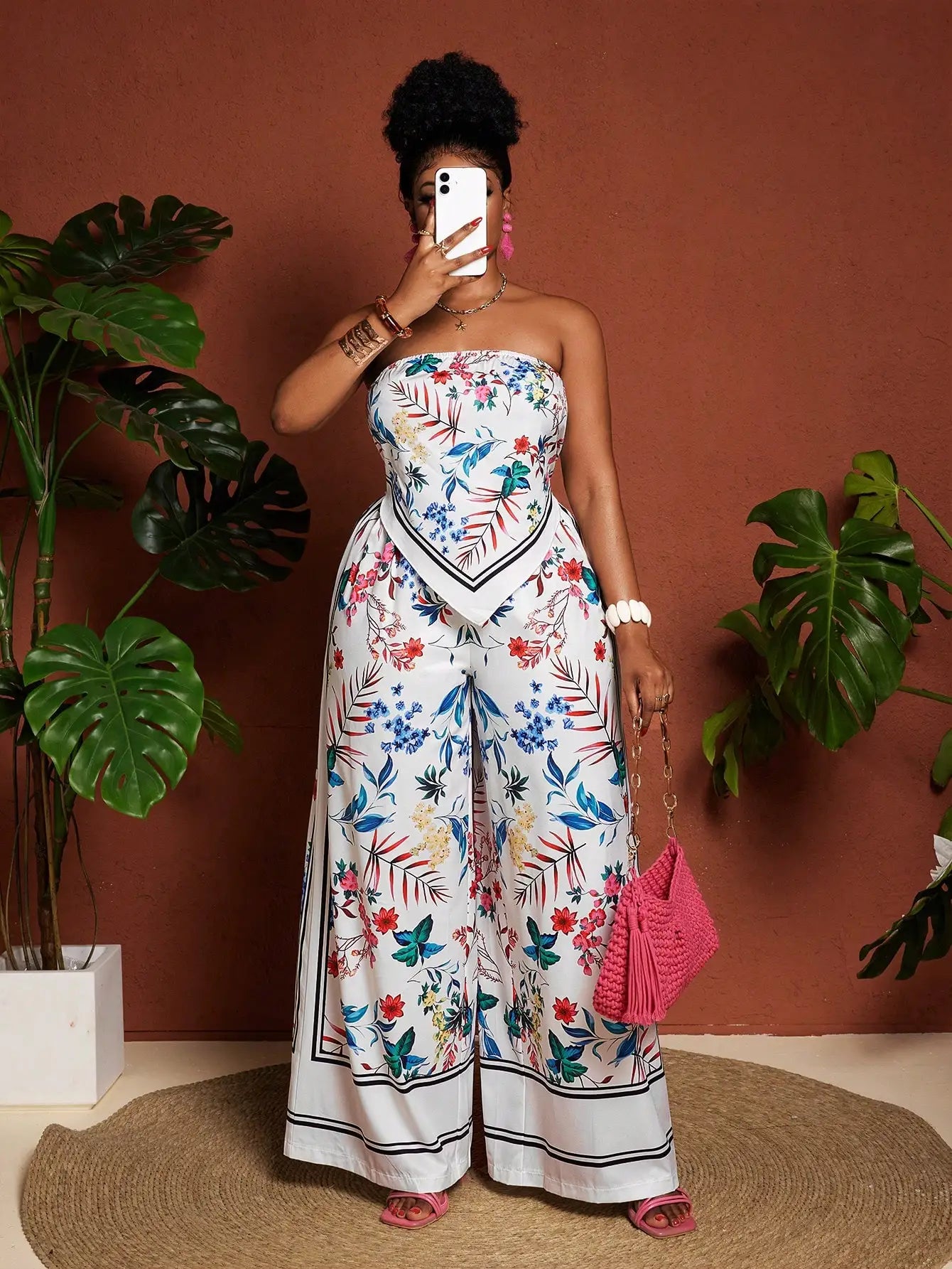Floral Bandeau Top & Wide Leg Pants Set