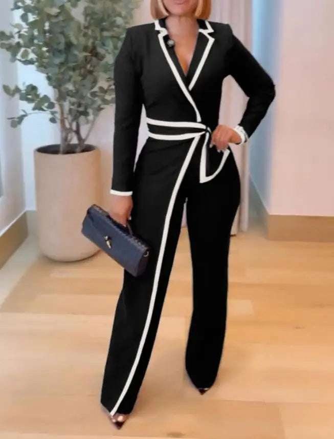 Black Collared White Piping Belted Jumpsuit